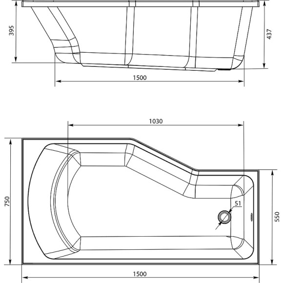 Акриловая ванна Marka One Convey 150х75 R 01кон1575п без гидромассажа