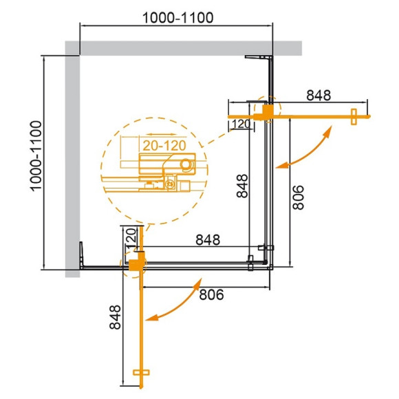 Душевой уголок Cezares Slider 110x110 SLIDER-A-2-100/110-C-BORO профиль Брашированное золото стекло прозрачное