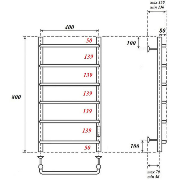 Электрический полотенцесушитель Point Ника PN08848B П6 400x800 диммер справа Черный Электрический полотенцесушитель Point Ника PN08848B П6 400x800 диммер справа Черный