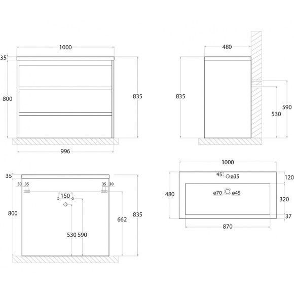 Тумба под раковину Art&Max FAMILY-1000-3C-PIA-BL Белый глянец