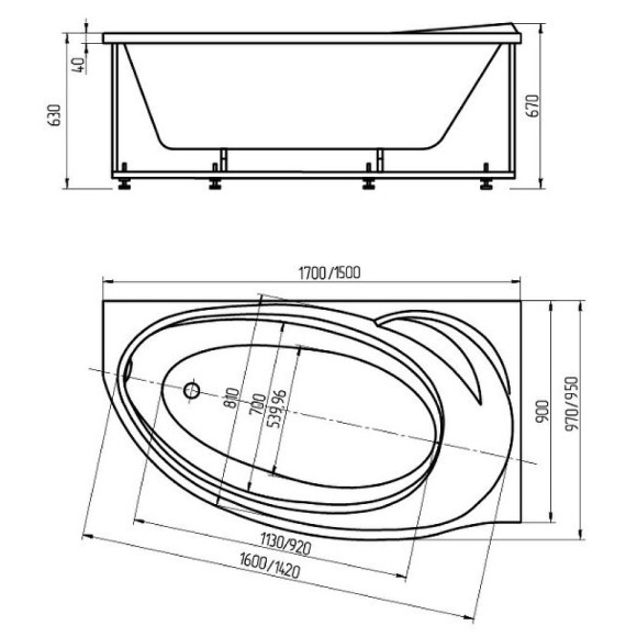 Акриловая ванна Aquatek Бетта 170x97 L BET170-0000378 без панелей, каркаса и слив-перелива