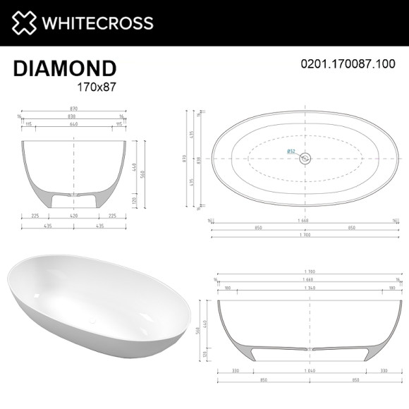 Ванна из искусственного камня Whitecross Diamond 170x87 0201.170087.100 Белая глянцевая без гидромассажа Ванна из искусственного камня Whitecross Diamond 170x87 0201.170087.100 Белая глянцевая без гидромассажа