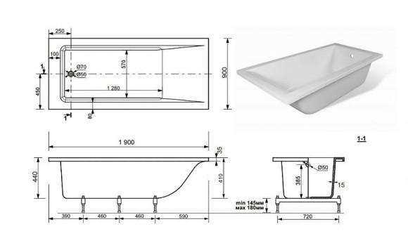 Ванна из искусственного камня Эстет Дельта 190х90 ФР-00001684 без гидромассажа