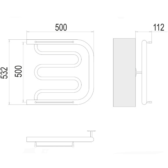 Водяной полотенцесушитель Terminus Фокстрот (1) 500x500 4620768881282 с полкой Хром, боковое подключение, G 1" НР