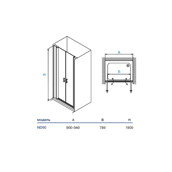 Душевая дверь Koller Pool Aqua Line 90 ND90G профиль Хром стекло рифленое