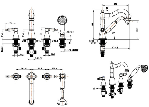 Смеситель на борт ванны Boheme Royal Cristal 396-Royal Хром