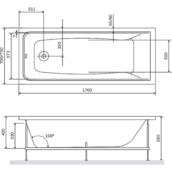 Акриловая ванна AM.PM Gem 170х70 W90A-170-070W-A1 без гидромассажа