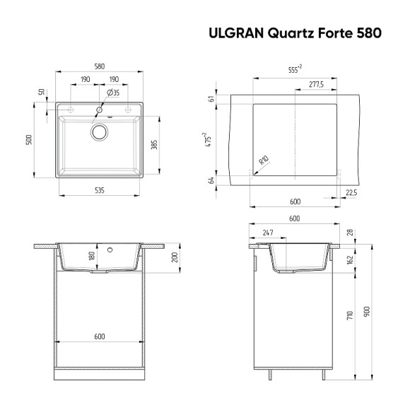 Кухонная мойка Ulgran Quartz Forte 580-09 Асфальт Кухонная мойка Ulgran Quartz Forte 580-09 Асфальт