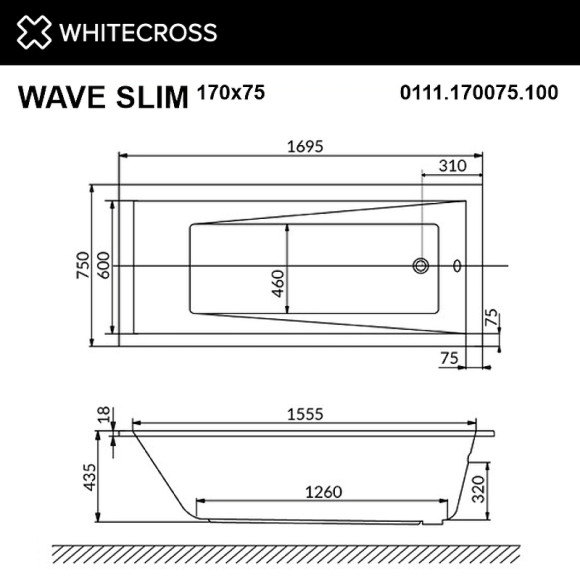 Акриловая ванна Whitecross Wave Slim 170x75 0111.170075.100.SOFT.GL с гидромассажем Акриловая ванна Whitecross Wave Slim 170x75 0111.170075.100.SOFT.GL с гидромассажем