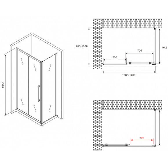 Душевой уголок Abber Schwarzer Diamant 140x100 AG30140BMH-S100BM профиль Черный стекло матовое