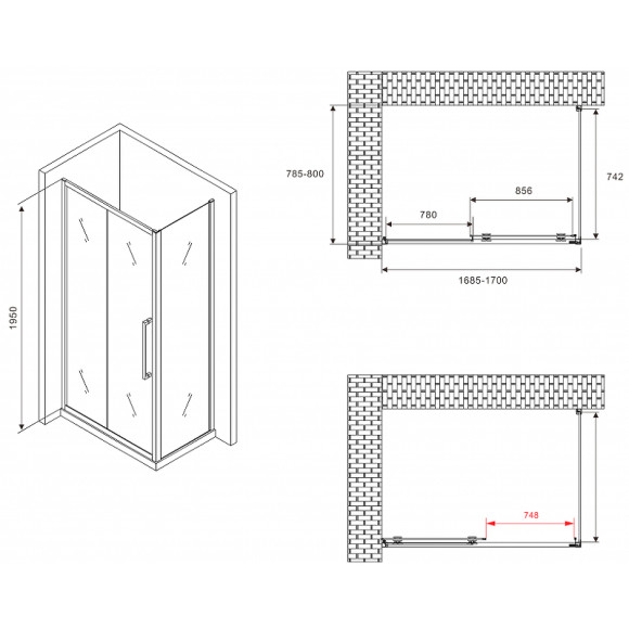 Душевой уголок Abber Schwarzer Diamant 170x80 AG30170BMH-S80BM профиль Черный стекло матовое Душевой уголок Abber Schwarzer Diamant 170x80 AG30170BMH-S80BM профиль Черный стекло матовое