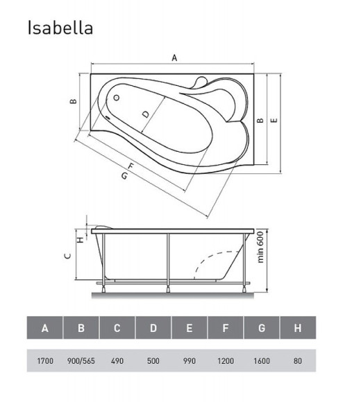 Акриловая ванна Relisan Isabella 170х90 R Гл000010530 без гидромассажа