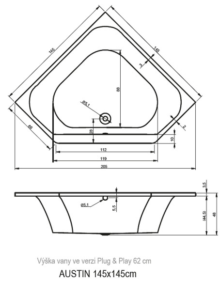 Акриловая ванна Riho Austin 145x145 B005001005 (BA1100500000000) без гидромассажа Акриловая ванна Riho Austin 145x145 B005001005 (BA1100500000000) без гидромассажа