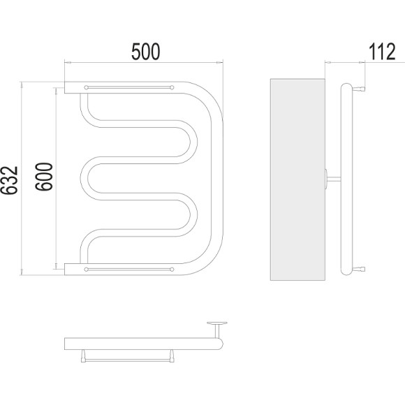 Водяной полотенцесушитель Terminus Фокстрот (1) 600x500 4620768881336 с полкой Хром, боковое подключение, G 1" НР