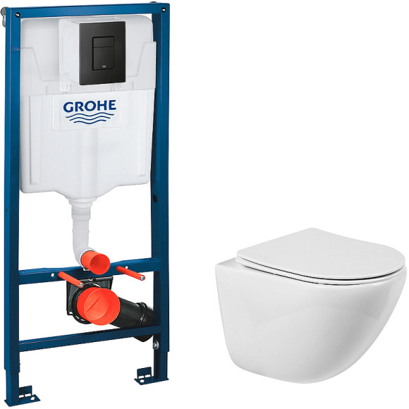 Комплект унитаза BelBagno Amanda BB051CHR+BB051SC с инсталляцией Grohe Rapid SL 38811KF0 с сиденьем Микролифт и Черной матовой клавишей смыва