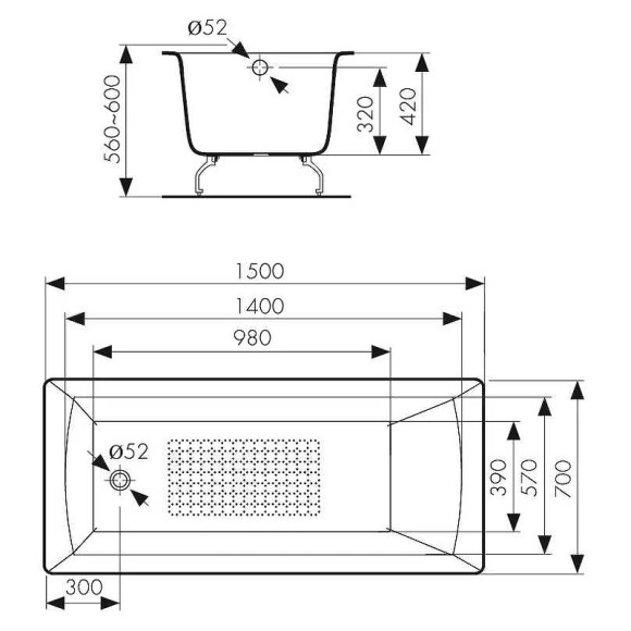 Чугунная ванна Kaiser 150х70 КВ-1801 с антискользящим покрытием Чугунная ванна Kaiser 150х70 КВ-1801 с антискользящим покрытием