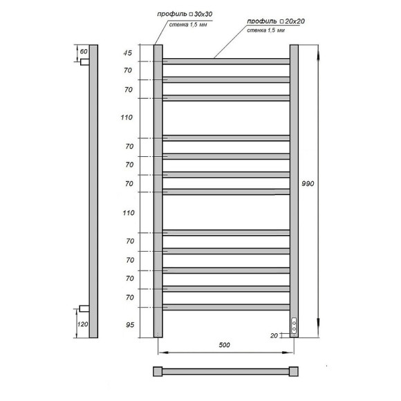 Электрический полотенцесушитель Point Вега PN71850B П12 500x1000 диммер справа Черный Электрический полотенцесушитель Point Вега PN71850B П12 500x1000 диммер справа Черный