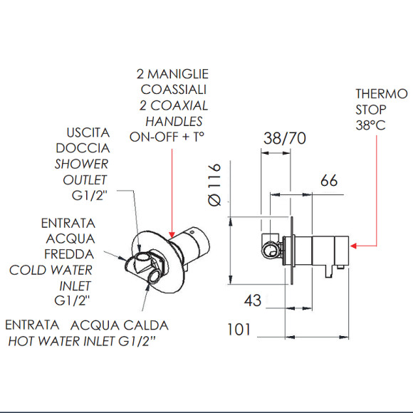 Смеситель для душа Remer Minimal Thermo NT30VO с термостатом Медь Смеситель для душа Remer Minimal Thermo NT30VO с термостатом Медь