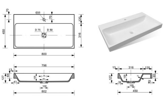 Раковина Эстет Малибу 80 ФР-00006022 Белая