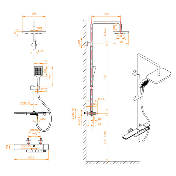 Душевая система RGW Shower Panels SP-34Gr 51140134-11 с термостатом Серая Душевая система RGW Shower Panels SP-34Gr 51140134-11 с термостатом Серая