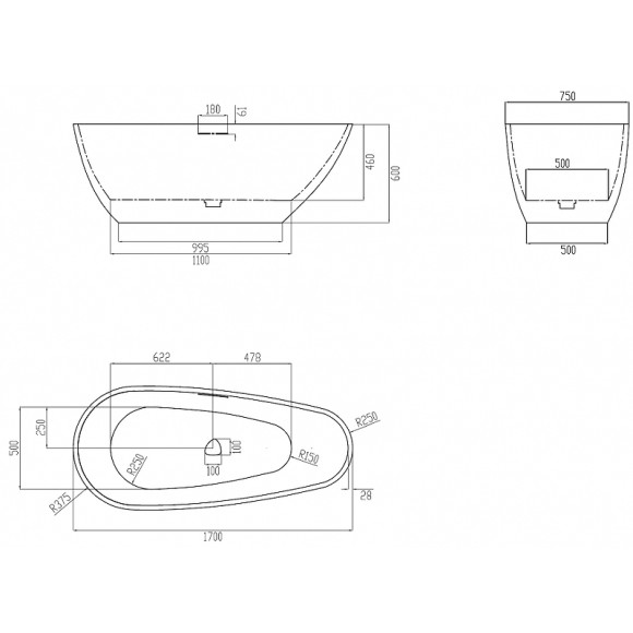 Ванна из искусственного камня Abber Dortmund 170x75 AM9911BW Черно-белая матовая без гидромассажа