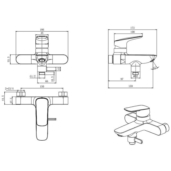 Смеситель для ванны Aquatek Вега AQ1040MB Черный матовый