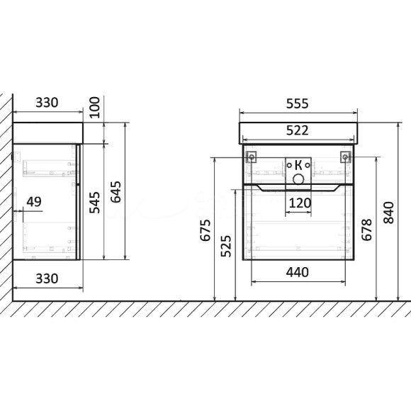 Тумба под раковину Raval Brik 55 Brk.01.55/P/A/RL подвесная Антрацит