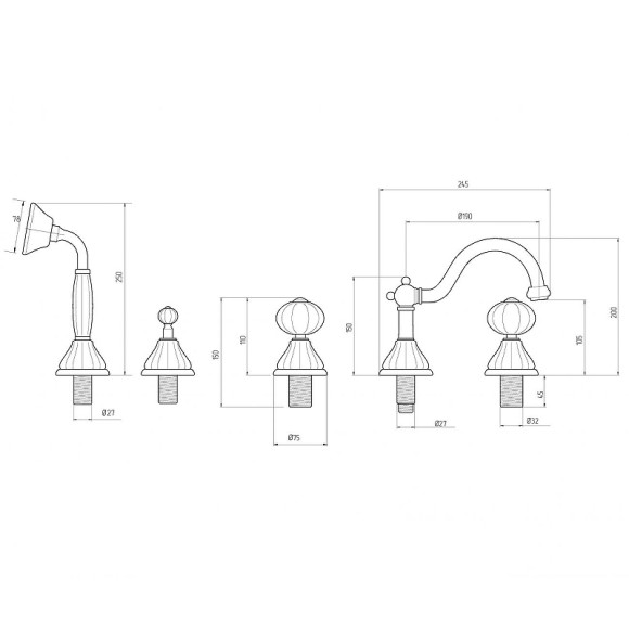 Смеситель на борт ванны Migliore Olivia 19021 Золото Белый