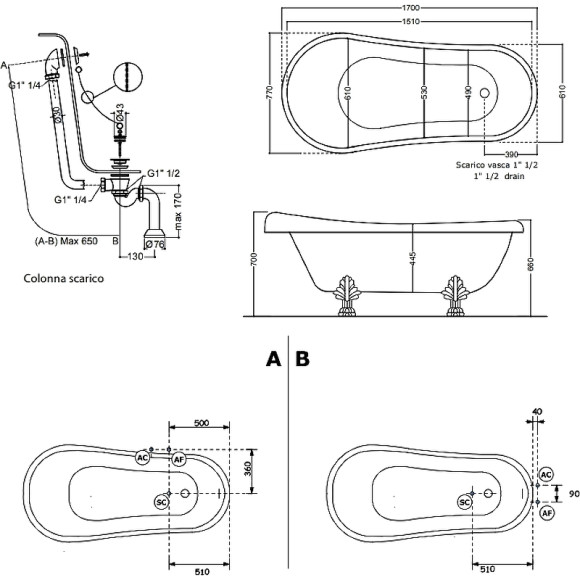 Акриловая ванна Kerasan Retro 170x77 105590 Белый Хром