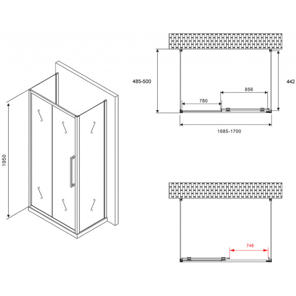 Душевой уголок Abber Schwarzer Diamant 170x50 AG30170BH-S50B-S50B профиль Черный стекло прозрачное Душевой уголок Abber Schwarzer Diamant 170x50 AG30170BH-S50B-S50B профиль Черный стекло прозрачное