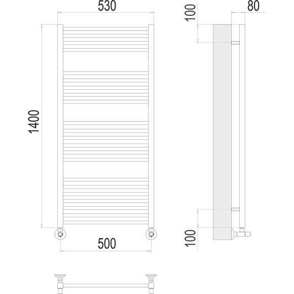 Водяной полотенцесушитель Terminus Ватикан П22 500х1400 4670078530547 Хром, нижнее подключение, G 1/2" ВР, с комплектом вентилей