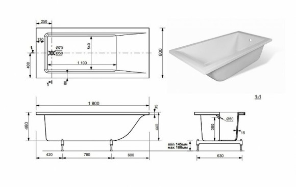 Ванна из искусственного камня Эстет Дельта 180х80 ФР-00000669 без гидромассажа