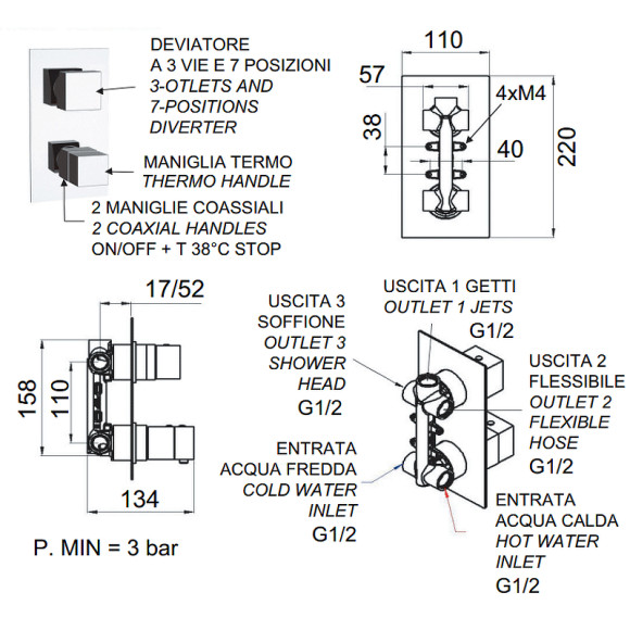 Смеситель для душа Remer Qubica Thermo QT937 с термостатом Хром Смеситель для душа Remer Qubica Thermo QT937 с термостатом Хром