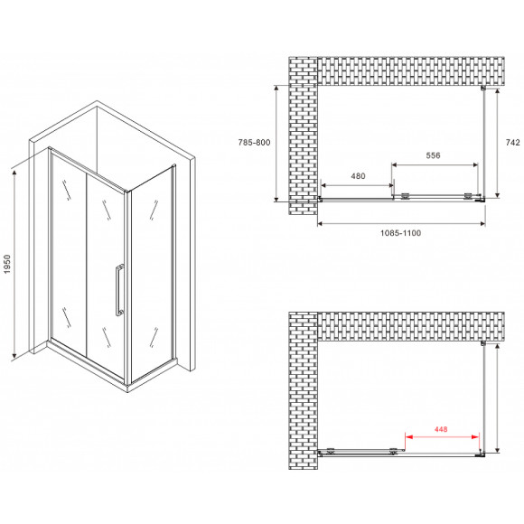 Душевой уголок Abber Schwarzer Diamant 110x80 AG30110BMH-S80BM профиль Черный стекло матовое Душевой уголок Abber Schwarzer Diamant 110x80 AG30110BMH-S80BM профиль Черный стекло матовое