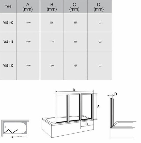 Шторка на ванну Ravak Behappy VS3 115 795S0100Z1 профиль Белый стекло Transparent