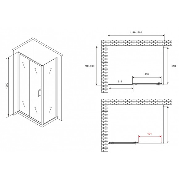 Душевой уголок Abber Schwarzer Diamant 120x60 AG30120B5-S60B5 профиль Черный стекло прозрачное Душевой уголок Abber Schwarzer Diamant 120x60 AG30120B5-S60B5 профиль Черный стекло прозрачное