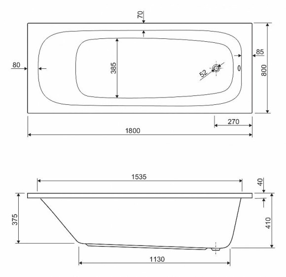 Акриловая ванна Cezares Eco 180х80 ECO-180-80-41-W37 без гидромассажа Акриловая ванна Cezares Eco 180х80 ECO-180-80-41-W37 без гидромассажа