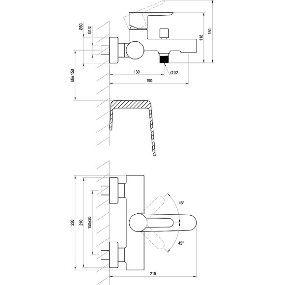 Смеситель для ванны Ravak Puri PU 022.21/150 X070192 Черный матовый Смеситель для ванны Ravak Puri PU 022.21/150 X070192 Черный матовый