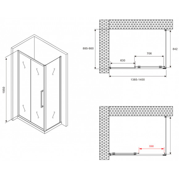 Душевой уголок Abber Schwarzer Diamant 140x90 AG30140BMH-S90BM профиль Черный стекло матовое
