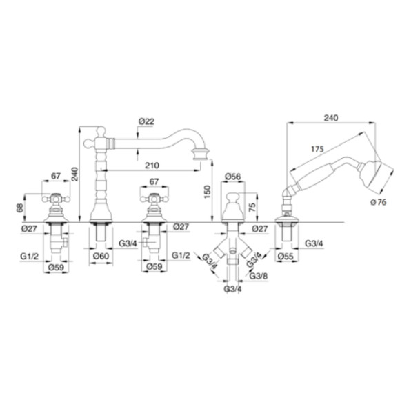 Смеситель на борт ванны Migliore Arcadia 18395 Золото Смеситель на борт ванны Migliore Arcadia 18395 Золото