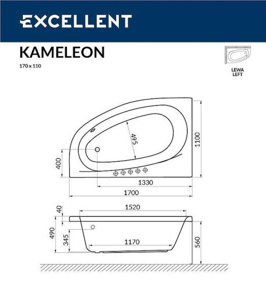 Акриловая ванна Excellent Kameleon 170x110 L WAEX.KML17.NANO.CR с гидромассажем