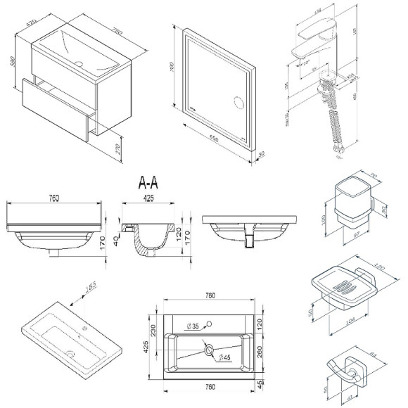 Комплект мебели для ванной AM.PM Gem 75 BK90GN подвесной Черный матовый со смесителем для раковины и аксессуарами