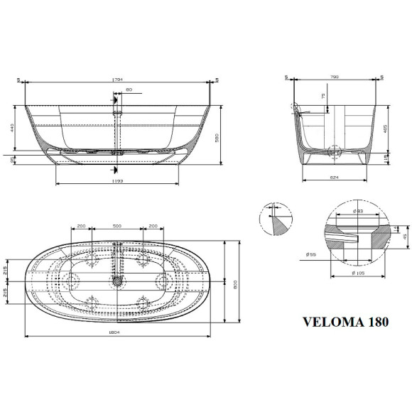 Ванна из искусственного камня Plumberia Selection VELOMA 180BO 180x80 Белая матовая без гидромассажа Ванна из искусственного камня Plumberia Selection VELOMA 180BO 180x80 Белая матовая без гидромассажа