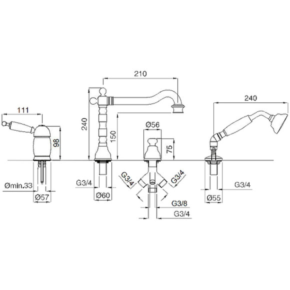 Смеситель на борт ванны Migliore Oxford 19154 Хром Золото Смеситель на борт ванны Migliore Oxford 19154 Хром Золото