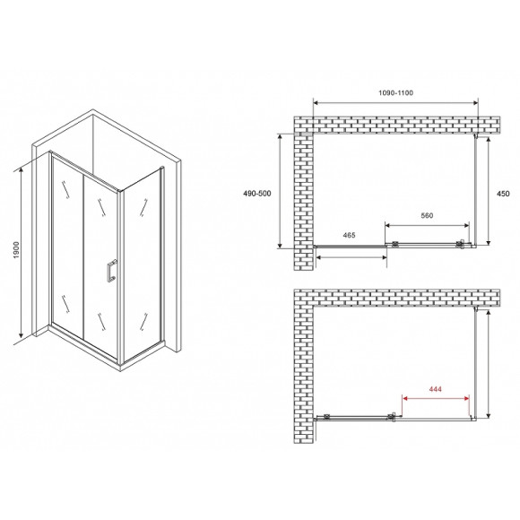 Душевой уголок Abber Schwarzer Diamant 110x50 AG30110B5-S50B5 профиль Черный стекло прозрачное