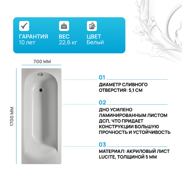 Акриловая ванна Riho Miami 170x70 B060001005 (BB6200500000000) без гидромассажа