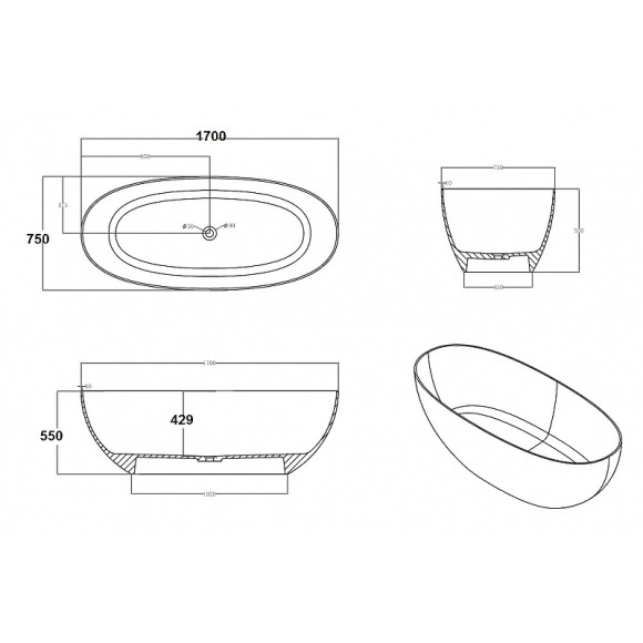 Ванна из полиэфирной смолы Abber Kristall 170х75 AT9703Emerald Зеленая без гидромассажа
