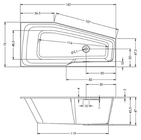 Акриловая ванна Riho Rething Space 160х75 L B112001005 (BR1400500000000) без гидромассажа
