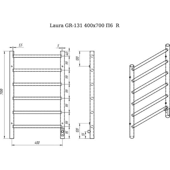 Электрический полотенцесушитель Grois Laura GR-131 400x 700 П6 RAL9005 R Черный матовый