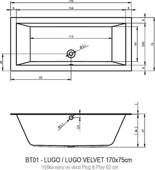 Акриловая ванна Riho Lugo 170х75 L B132016005 (BD6200500000000) без гидромассажа Акриловая ванна Riho Lugo 170х75 L B132016005 (BD6200500000000) без гидромассажа